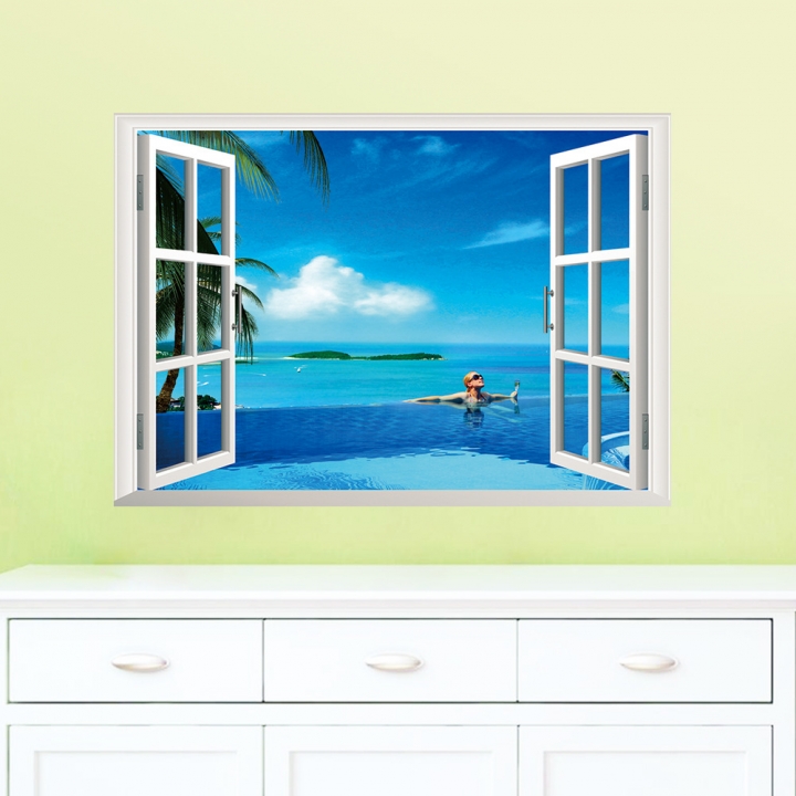 Creative Sea view 3D Fake window living room bedroom background Wall sticker