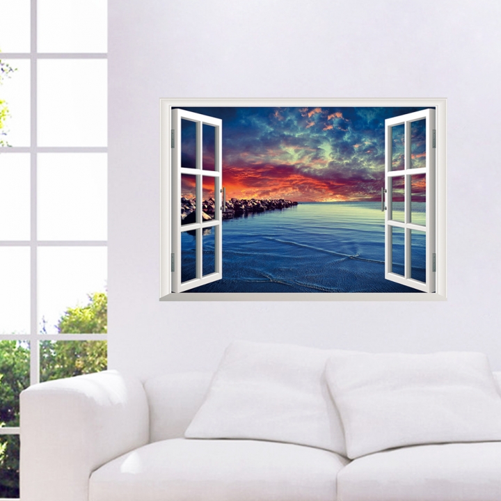 Creative Sea view 3D Fake window living room bedroom background Wall sticker