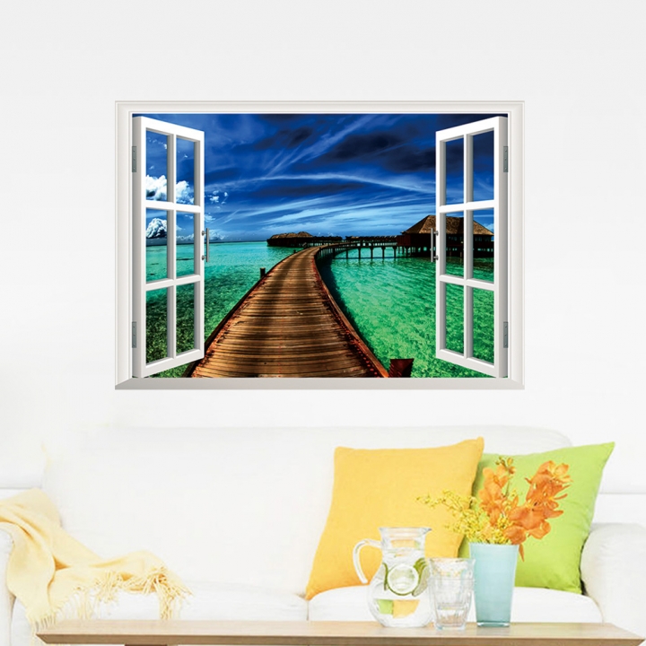 Creative Sea view 3D Fake window living room bedroom background Wall sticker