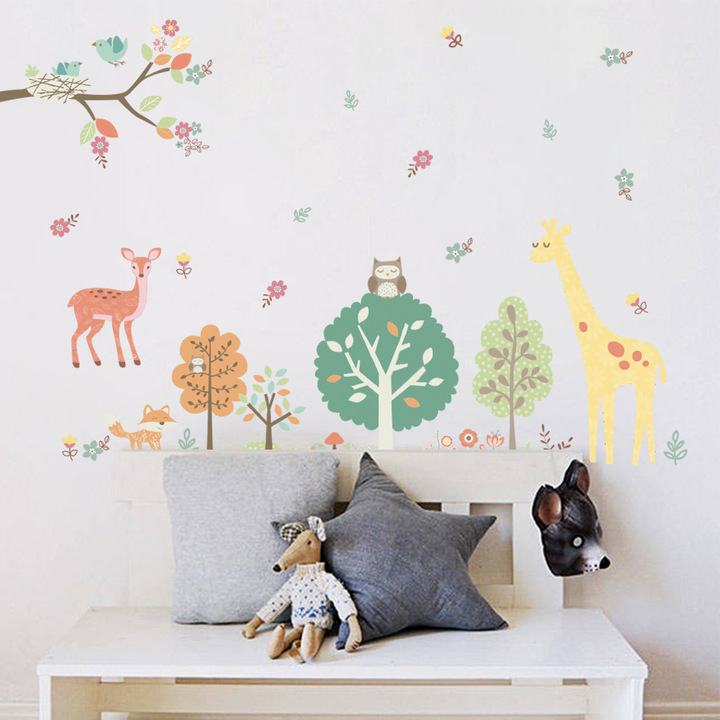 Cartoon giraffe elk Branch Little bird Wall Sticker Children's room background Wall decoration