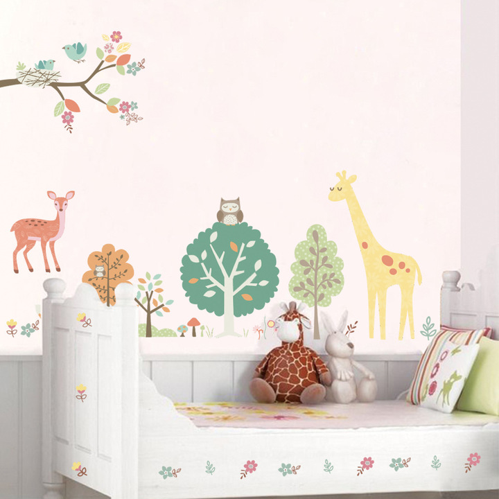 Cartoon giraffe elk Branch Little bird Wall Sticker Children's room background Wall decoration