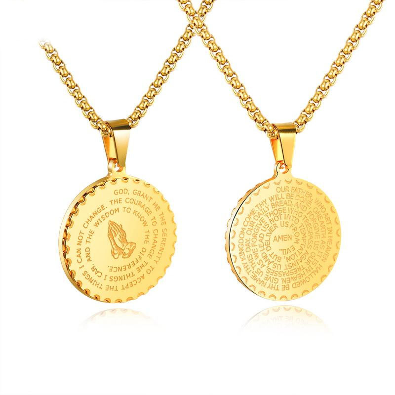 Creative Titanium steel Pendant Retro Christ believer Prayer hand Round card Scripture necklace