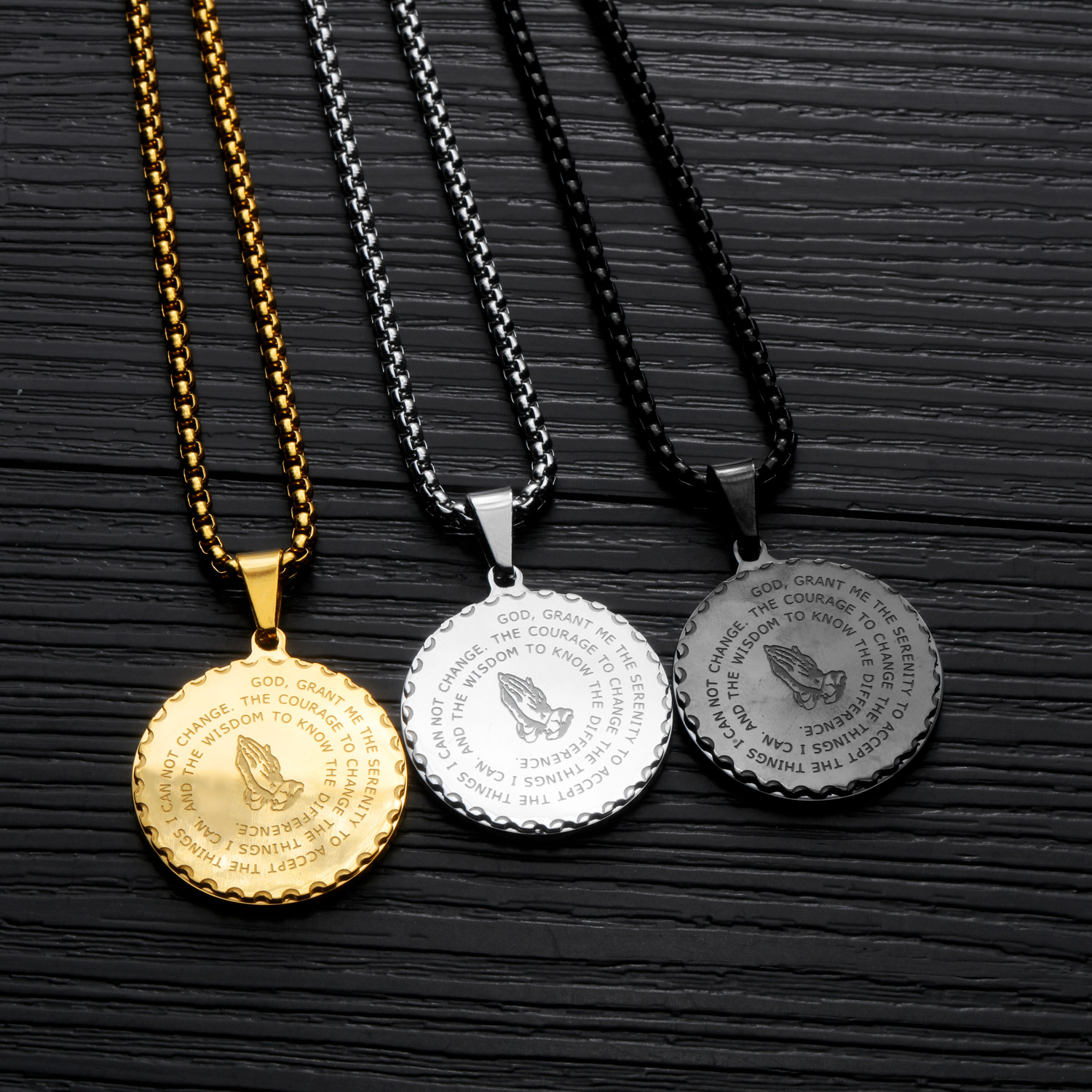 Creative Titanium steel Pendant Retro Christ believer Prayer hand Round card Scripture necklace