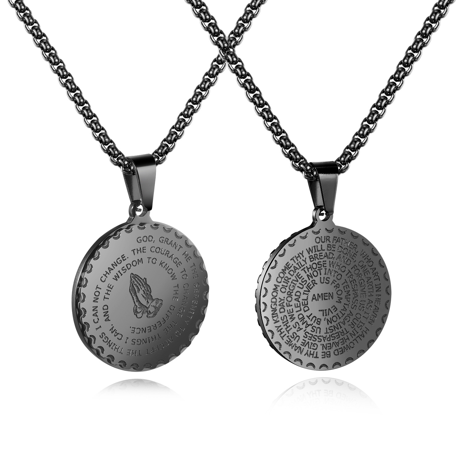 Creative Titanium steel Pendant Retro Christ believer Prayer hand Round card Scripture necklace