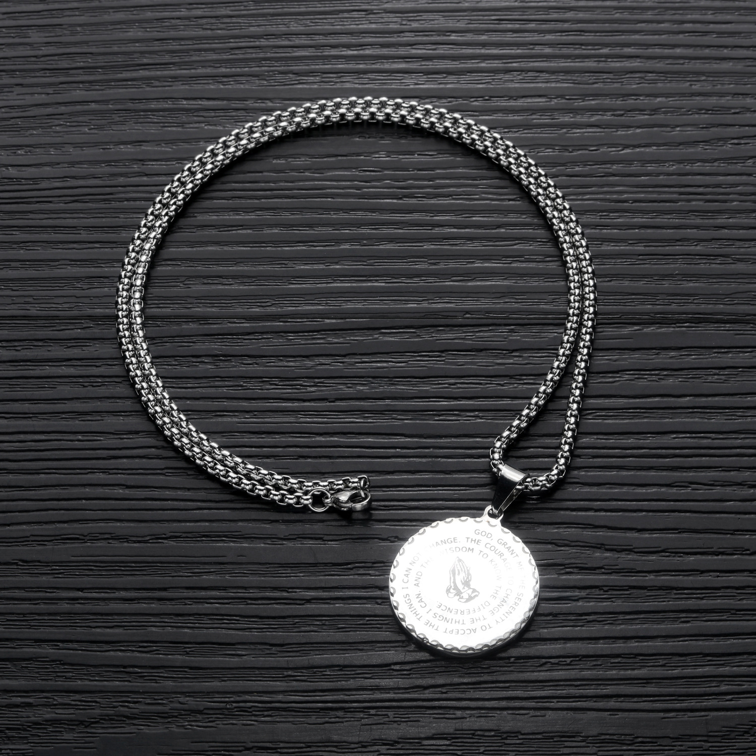 Creative Titanium steel Pendant Retro Christ believer Prayer hand Round card Scripture necklace