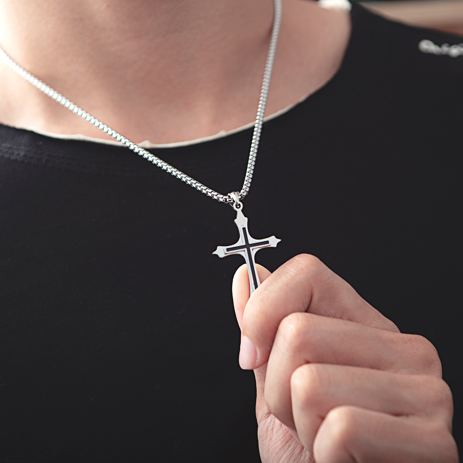 Western style Titanium steel black Epoxy cross Pendant Men fashion necklace