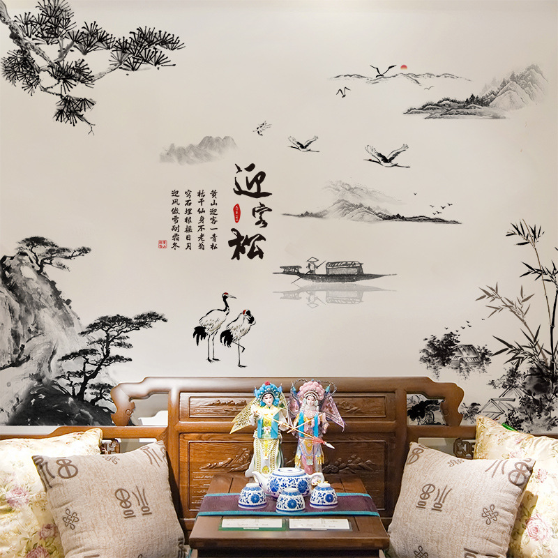 Chinese style landscape Welcome Song television background wall living room Wall Sticker stickers Room decoration