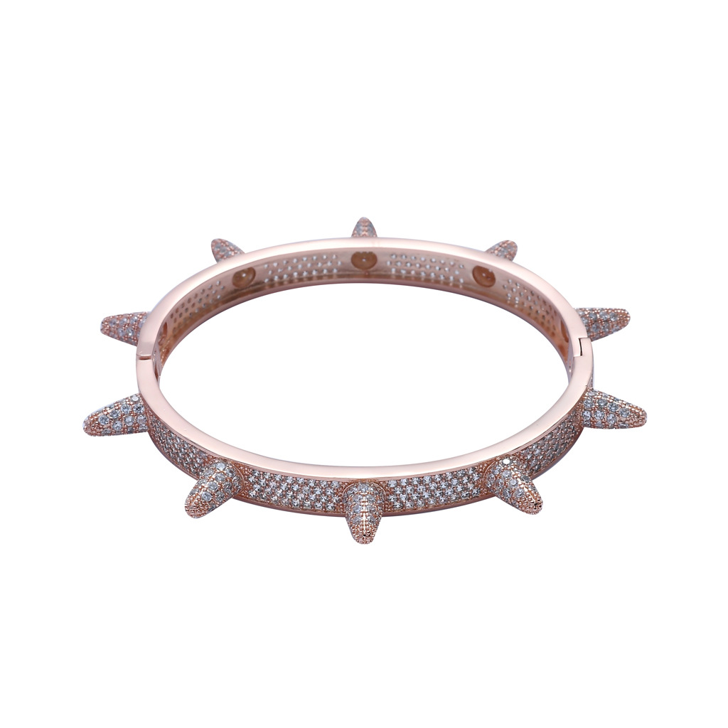 Gold Color Rivet Spiked Bangle Copper Material Full Zircon Men's Hip Hop Bracelet Rock Punk Jewelry