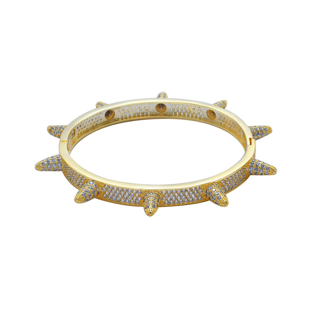 Gold Color Rivet Spiked Bangle Copper Material Full Zircon Men's Hip Hop Bracelet Rock Punk Jewelry