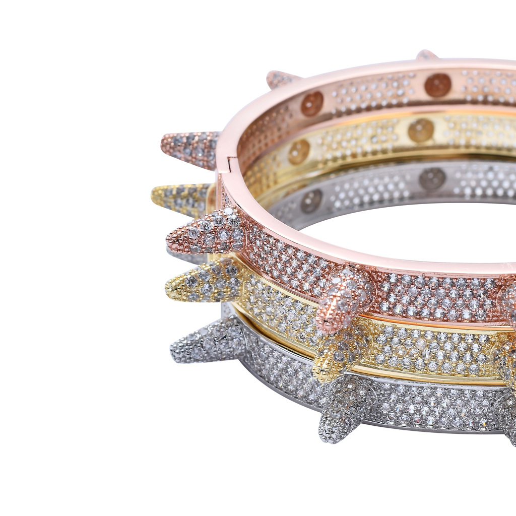 Gold Color Rivet Spiked Bangle Copper Material Full Zircon Men's Hip Hop Bracelet Rock Punk Jewelry
