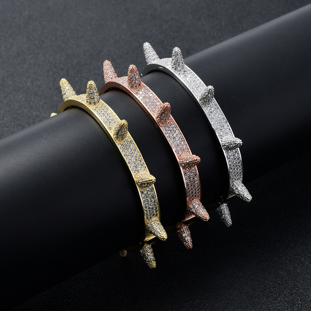 Gold Color Rivet Spiked Bangle Copper Material Full Zircon Men's Hip Hop Bracelet Rock Punk Jewelry