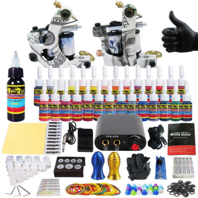 Complete Beginner Tattoo Kit Supplies Equipment Set 2 Coils Machine Guns 20 Color