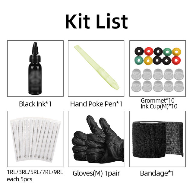 Hand Poke Stick Tattoo Kit DIY Tattoo Supply Tattoo Kit Power Supply Needle 13579RL With Gloves