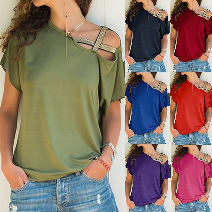 S-5XL short sleeve cross belt tops t shirt summer spring casual leisure loose tops t shirt plus size