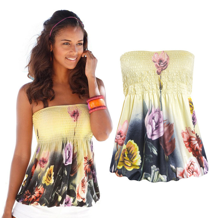women strapless tops t shirt summer holiday casual leisure slash neck tops sexy floral print tops