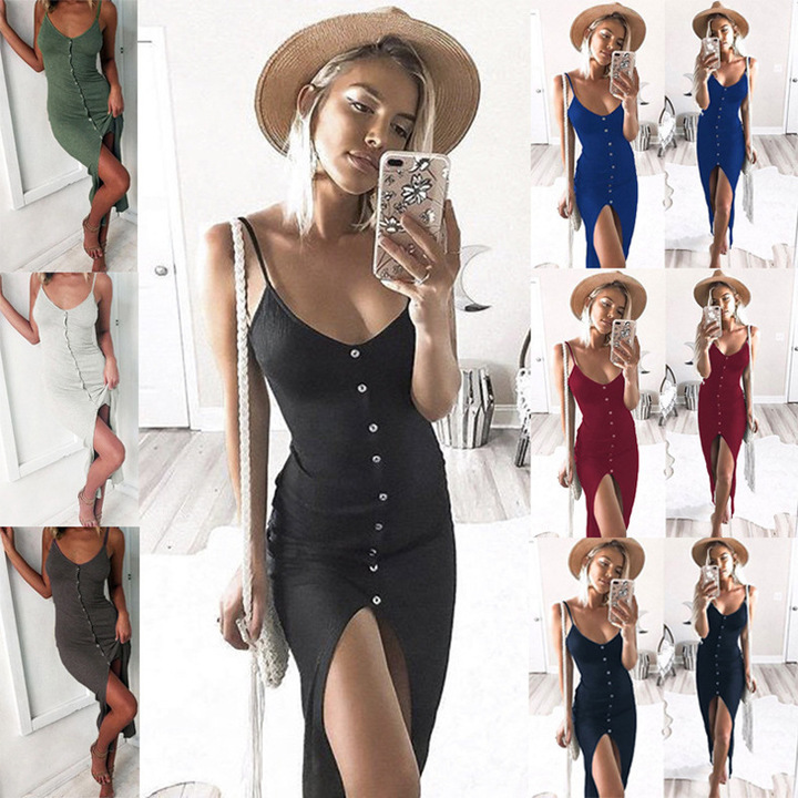 women single breast slim strap dress lady split v neck maxi dress sexy summer holiday dress