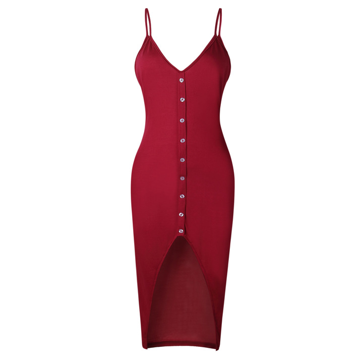 women single breast slim strap dress lady split v neck maxi dress sexy summer holiday dress