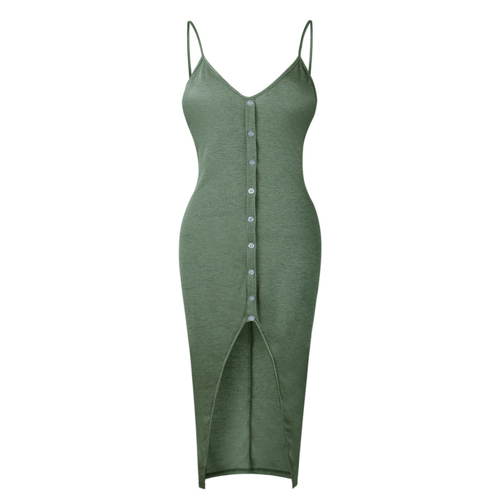 women single breast slim strap dress lady split v neck maxi dress sexy summer holiday dress