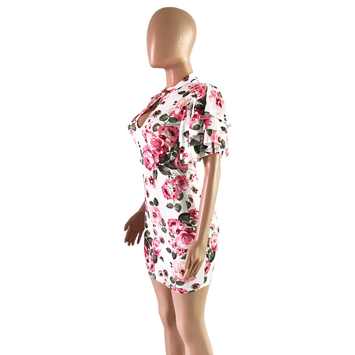 new women hollow out floral print dress ruffles o neck mini dress casual leisure short bodycon dress
