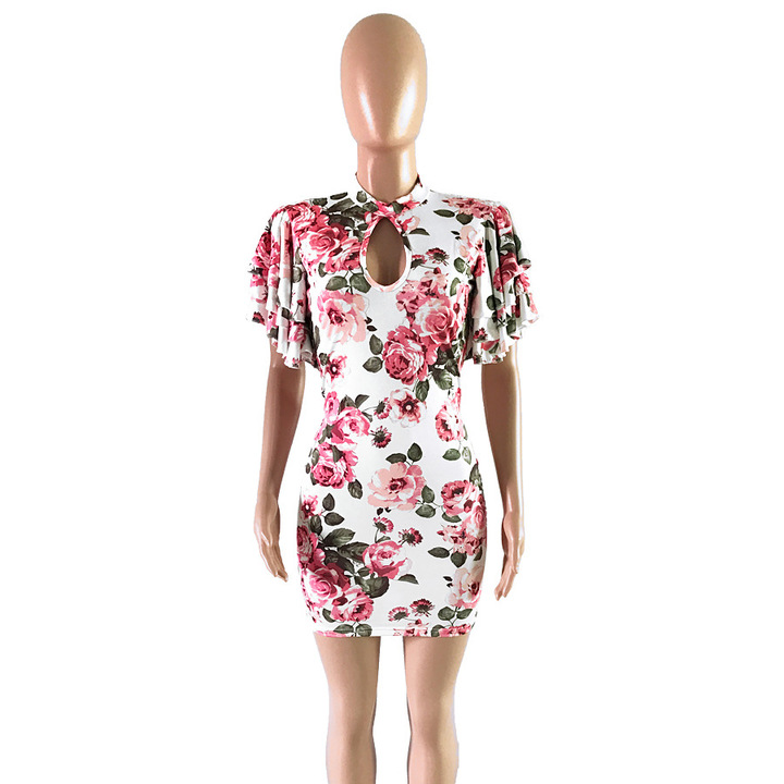 new women hollow out floral print dress ruffles o neck mini dress casual leisure short bodycon dress