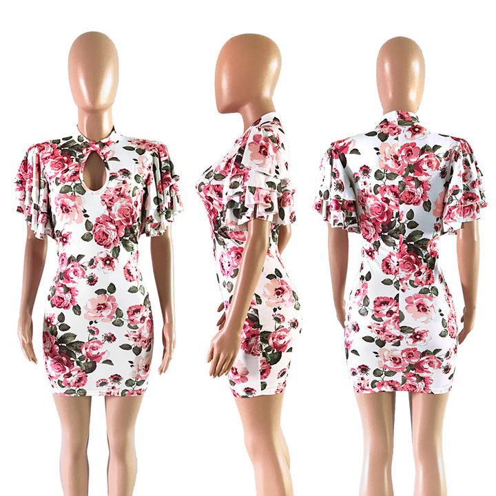 new women hollow out floral print dress ruffles o neck mini dress casual leisure short bodycon dress