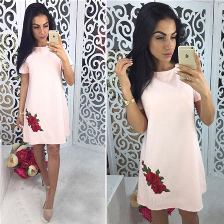 new woen o neck short sleeve embroidery dress lady brand floral short mini dress casual summer dress