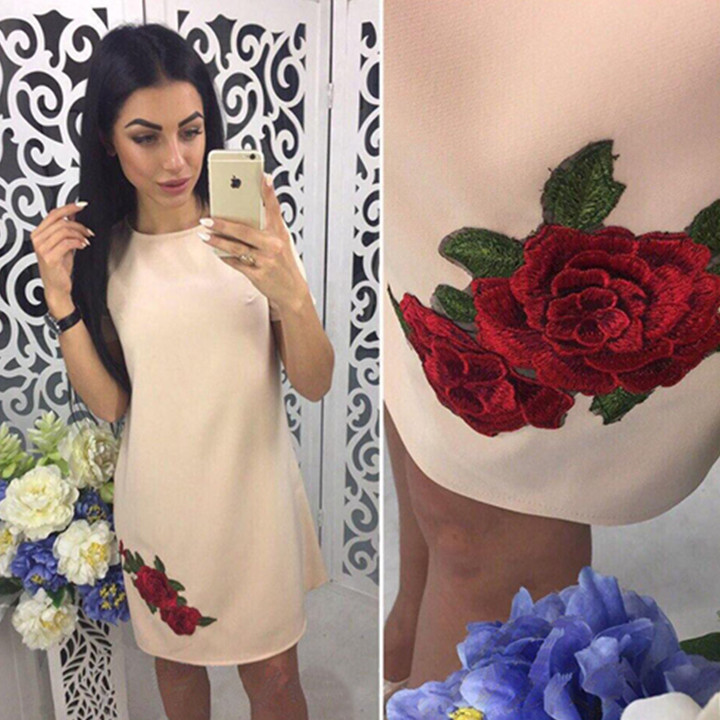 new woen o neck short sleeve embroidery dress lady brand floral short mini dress casual summer dress