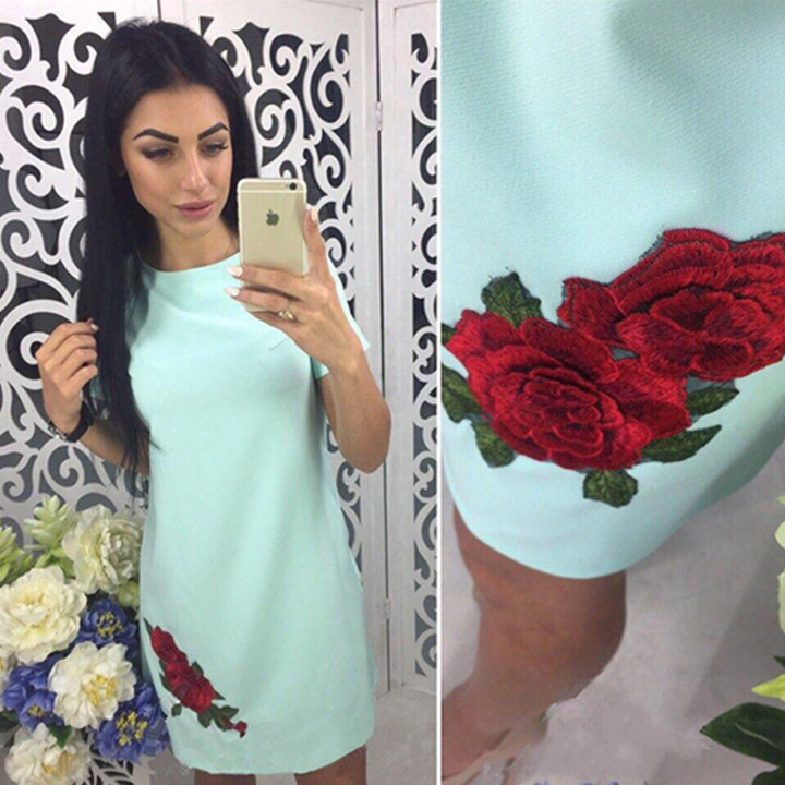 new woen o neck short sleeve embroidery dress lady brand floral short mini dress casual summer dress