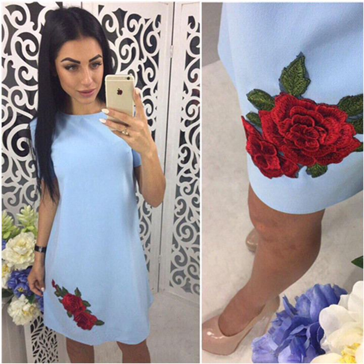 new woen o neck short sleeve embroidery dress lady brand floral short mini dress casual summer dress