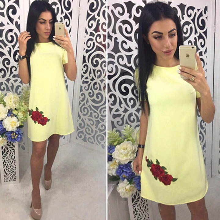 new woen o neck short sleeve embroidery dress lady brand floral short mini dress casual summer dress