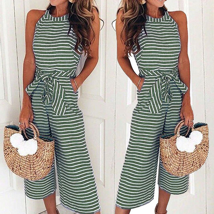 new women fashion slim striped jumpsuit o neck long pant jumpsuit lady wide leg pant jumpsuit