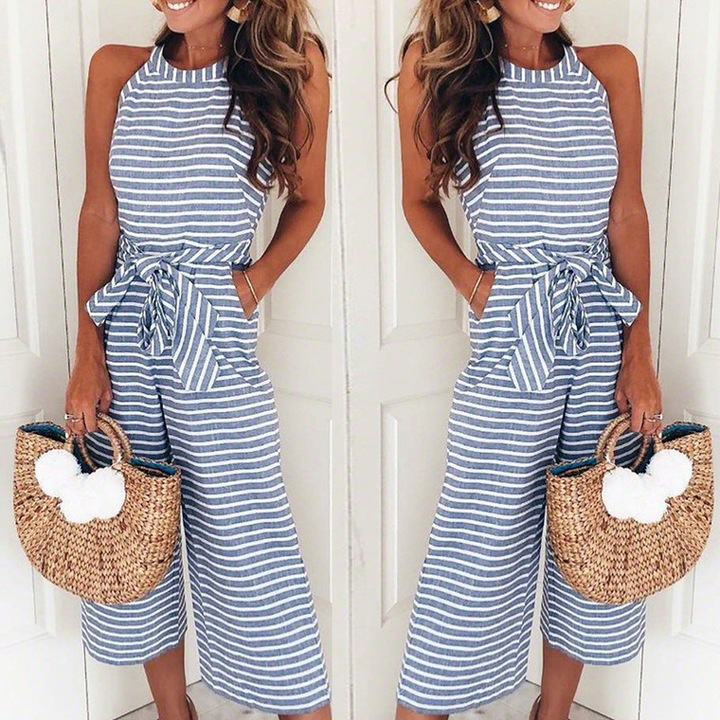 new women fashion slim striped jumpsuit o neck long pant jumpsuit lady wide leg pant jumpsuit