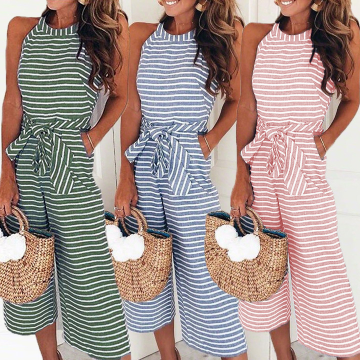 new women fashion slim striped jumpsuit o neck long pant jumpsuit lady wide leg pant jumpsuit