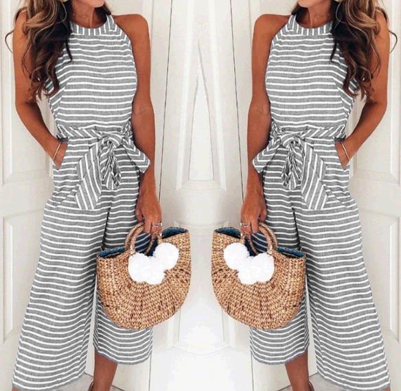 new women fashion slim striped jumpsuit o neck long pant jumpsuit lady wide leg pant jumpsuit
