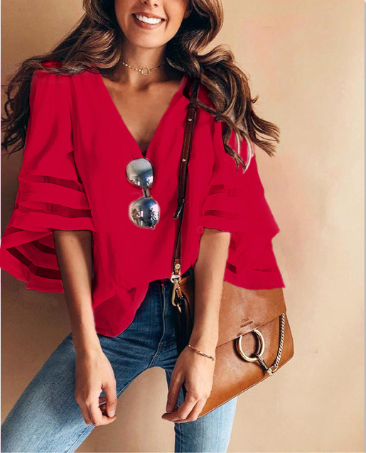 women pure color patchwork flare sleeve tops t shirt loose t-shirt tops summer holiday tops t shirt