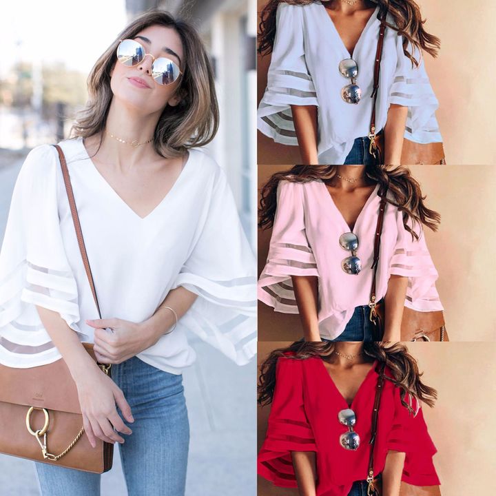 women pure color patchwork flare sleeve tops t shirt loose t-shirt tops summer holiday tops t shirt