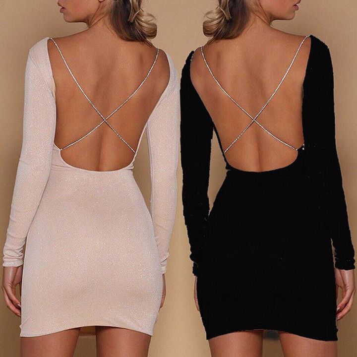 MAYFULL long sleeve sexy backless slash neck mini dress evening party night club bodycon dress