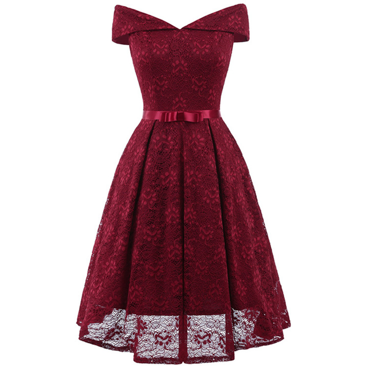 lady backless slash neck large swing bow lace dress vintage dress female evening party midi dress
