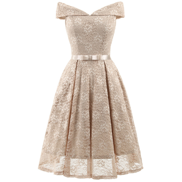 lady backless slash neck large swing bow lace dress vintage dress female evening party midi dress
