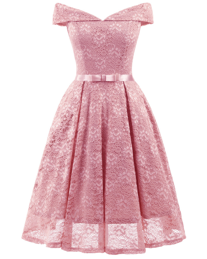 lady backless slash neck large swing bow lace dress vintage dress female evening party midi dress