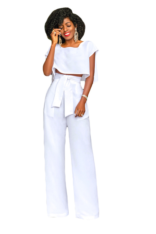 women sexy Leggings o-neck short tops full length pant two piece set wide leg pants trousers set