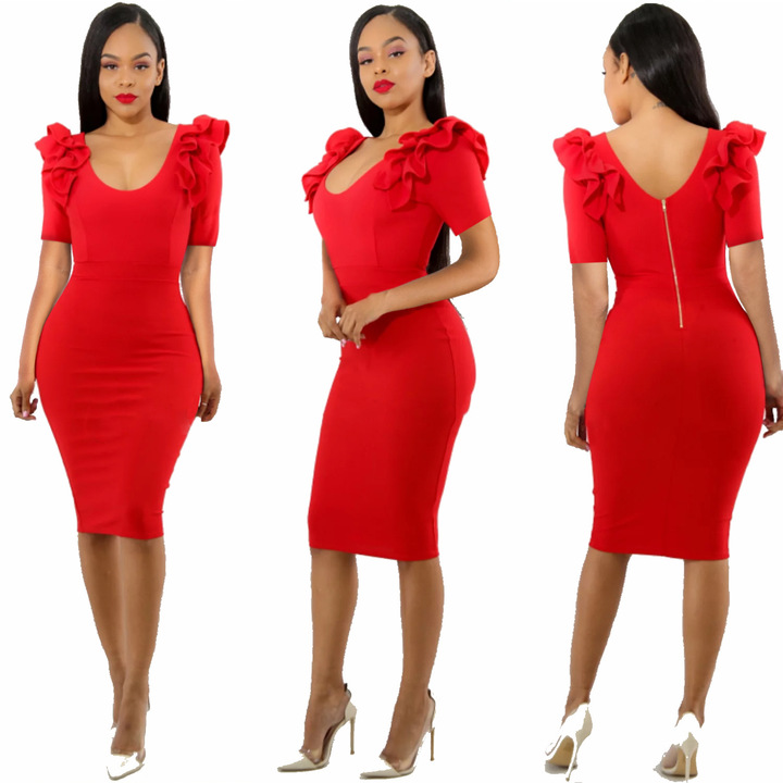 women o-neck ruffle pencil dress work office formal midi dress slim summer dress robe vestidos