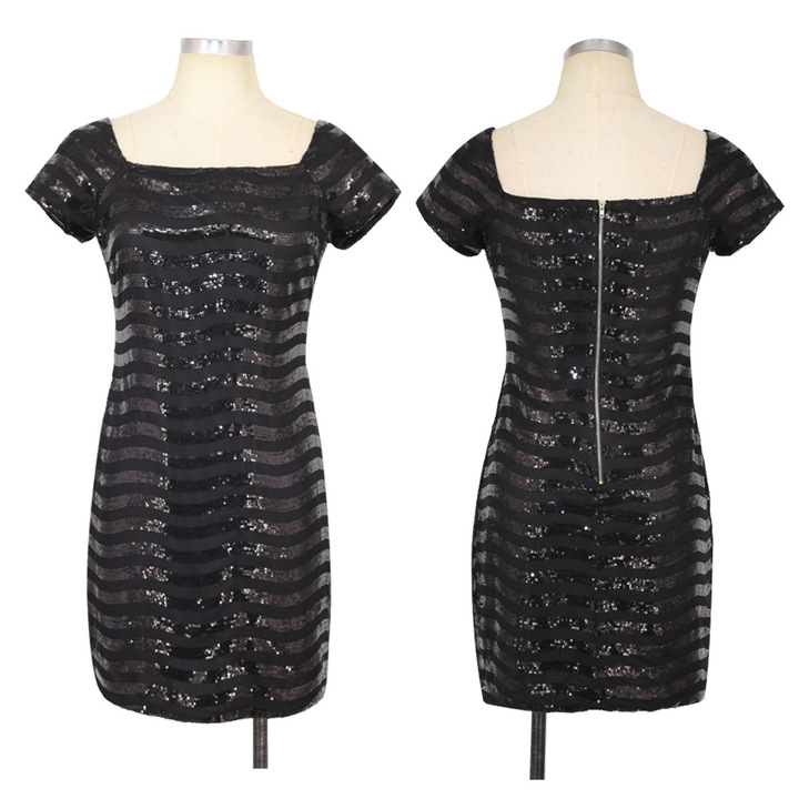 women striped sequined summer square collar short sleeve mini dress evening party bodycon dress