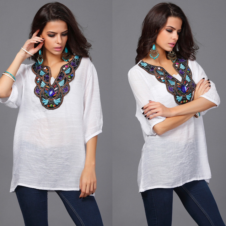 women embroidery v-neck half sleeve floral t-shirt spring work office formal tops t-shirt plus size