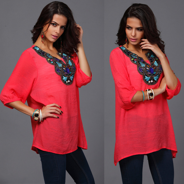 women embroidery v-neck half sleeve floral t-shirt spring work office formal tops t-shirt plus size