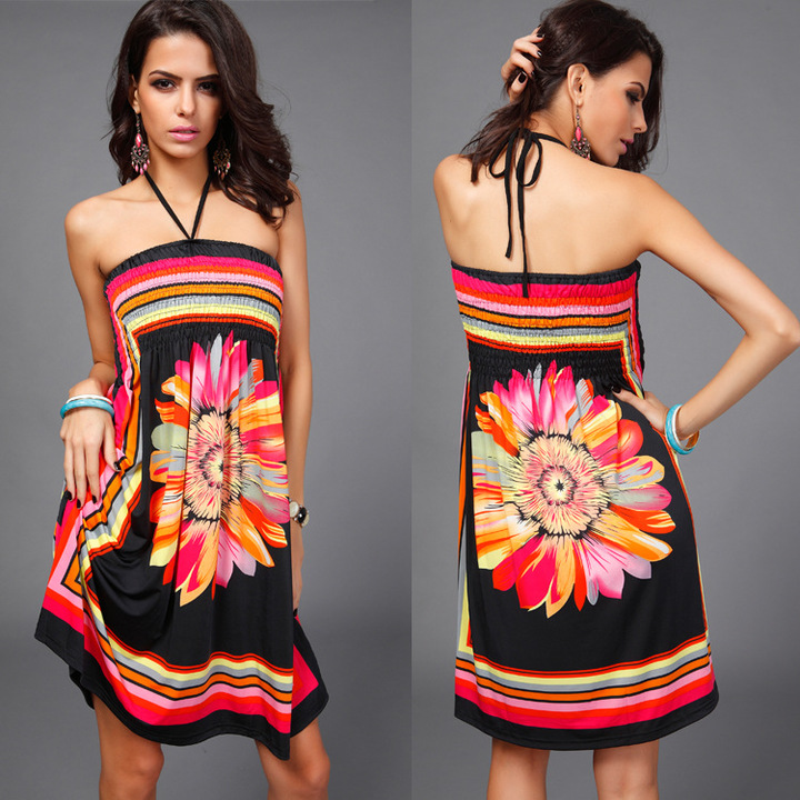 women strapless dress print sleeveless knee-length floral dress summer evening party dress plus size