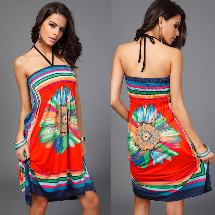women strapless dress print sleeveless knee-length floral dress summer evening party dress plus size
