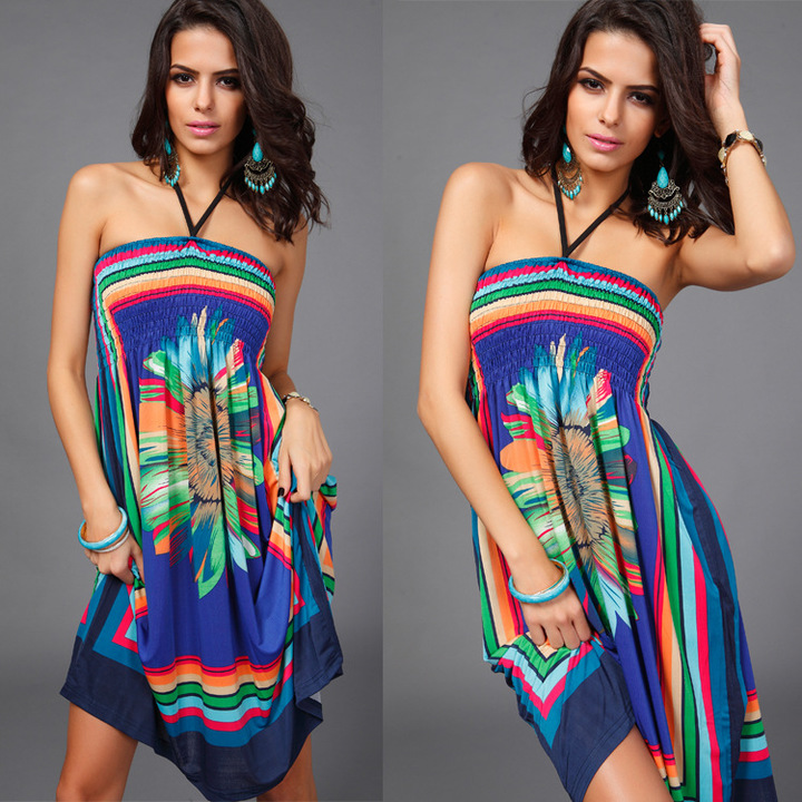 women strapless dress print sleeveless knee-length floral dress summer evening party dress plus size
