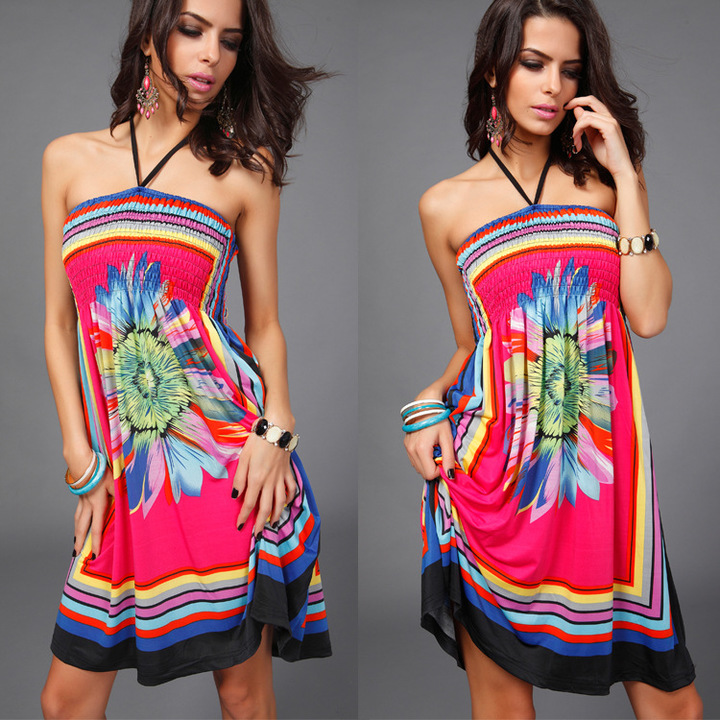 women strapless dress print sleeveless knee-length floral dress summer evening party dress plus size