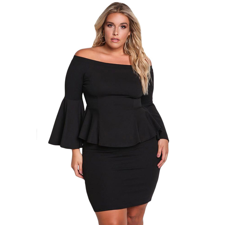 women formal slash neck ruffles flare sleeve mini dress lady work office dress plus size brand